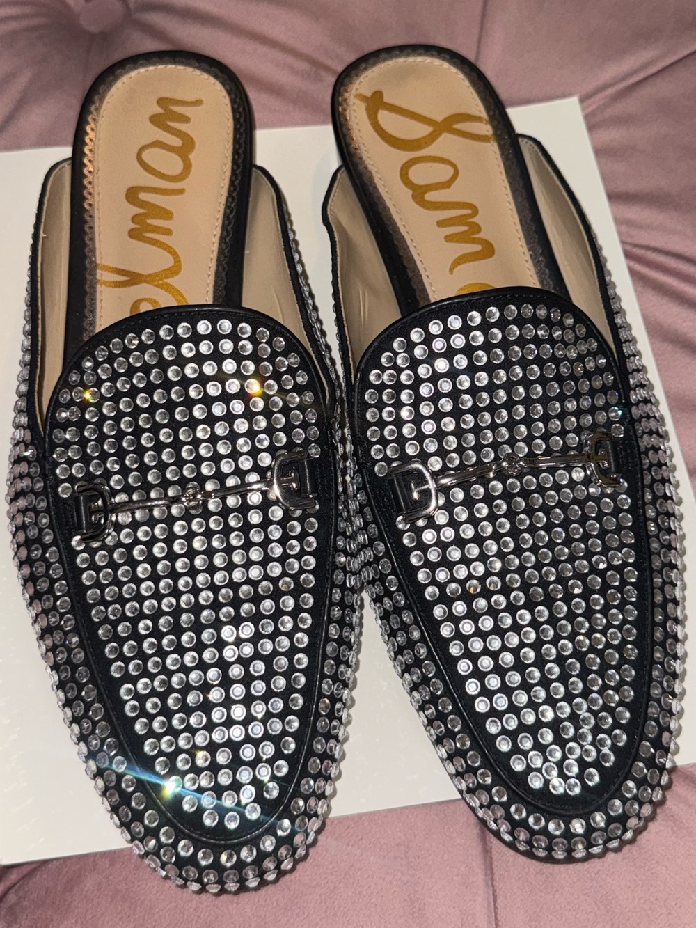 Sam Edelman Black Crystal-Embellished Slip-On Mules